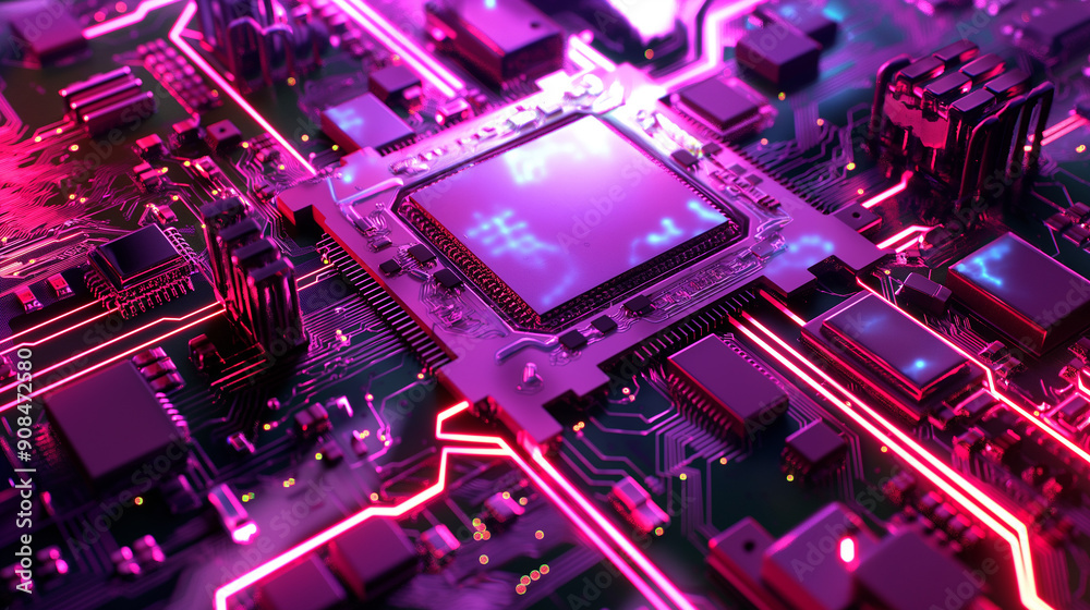 A computer chip with a purple background A computer chip with a purple background