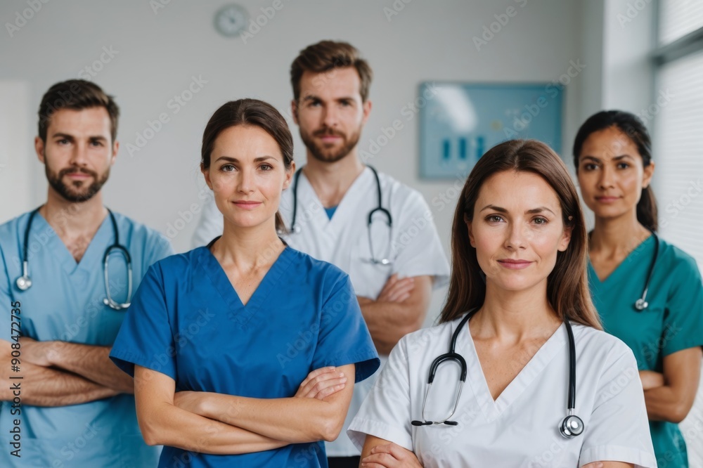 Portrait, medical and a woman nurse arms crossed, standing with her team in the hospital for healthcare. Portrait, medical and a woman nurse arms crossed, standing with her team in the hospital for healthcare.