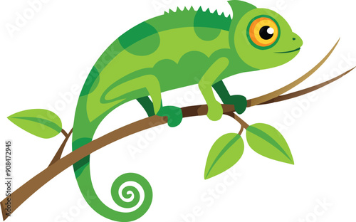 A vibrant green chameleon rests on a branch, blending in with the surrounding leaves and twigs.