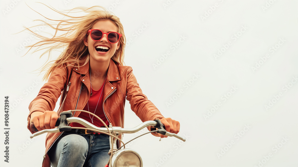 Fototapeta premium Chica Feliz Montando Bicicleta en Fondo Blanco