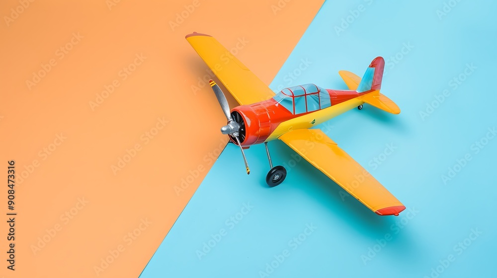 A toy airplane with light orange and blue backdrop
