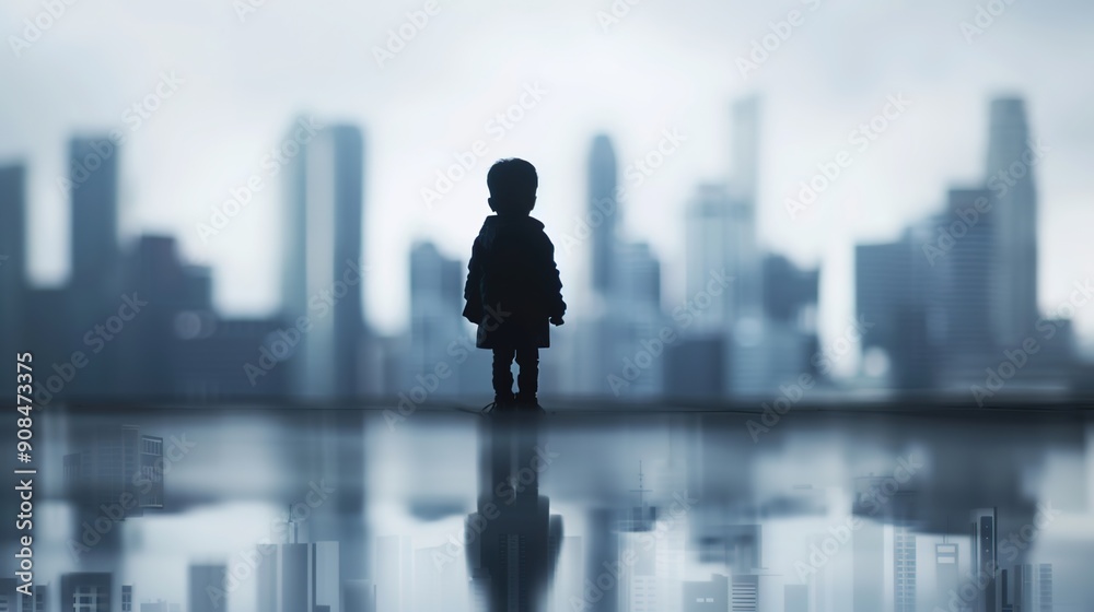 Time-lapse of a child growing into an adult in front of a cityscape, [Human Development], [Urban Growth] 