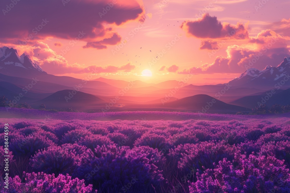 Obraz premium Sunset Over Lavender Fields and Mountain Range