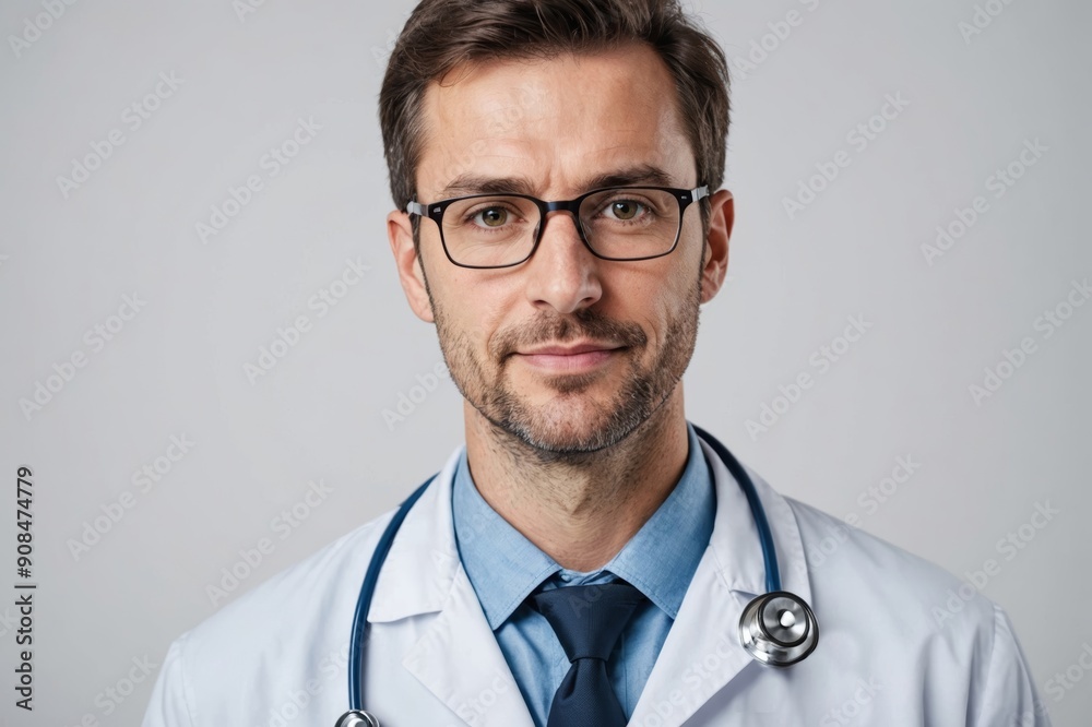 Man portrait of a doctor wearing a white coat and eyeglasses and a stethoscope looking into the camera on a white isolated background, copy space, space for text, health Man portrait of a doctor wearing a white coat and eyeglasses and a stethoscope looking into the camera on a white isolated background, copy space, space for text, health