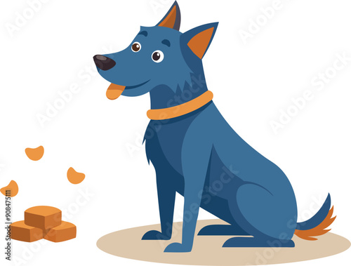A cheerful blue dog awaits treats, sitting patiently on a smooth surface while looking towards the food.