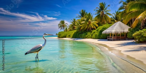 Fototapeta Naklejka Na Ścianę i Meble -  Serenene Maldives resort scene featuring a solitary heron strolling along the pristine beach, with turquoise Indian Ocean waters and lush tropical palm trees in the background.