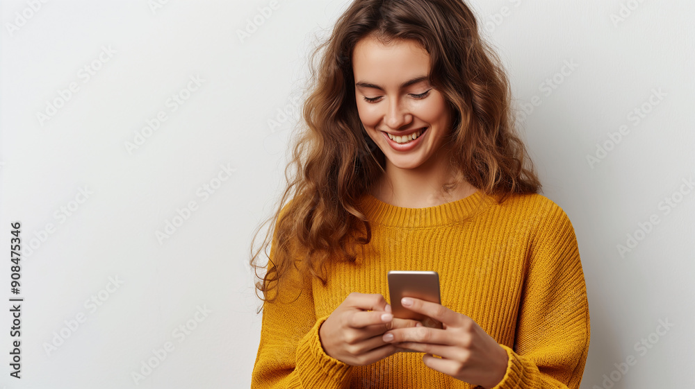 Chica Feliz Usando su Teléfono en Fondo Blanco Chica Feliz Usando su Teléfono en Fondo Blanco