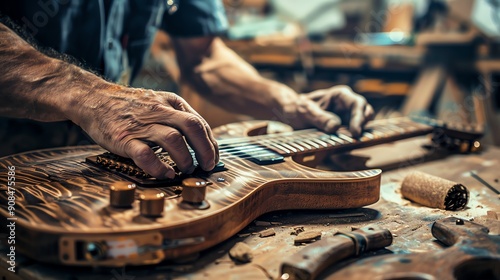 A man is working on a guitar in a workshop. photo