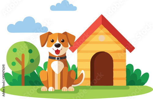 A cheerful dog enjoys a sunny day beside its cozy doghouse under fluffy clouds and a leafy tree.