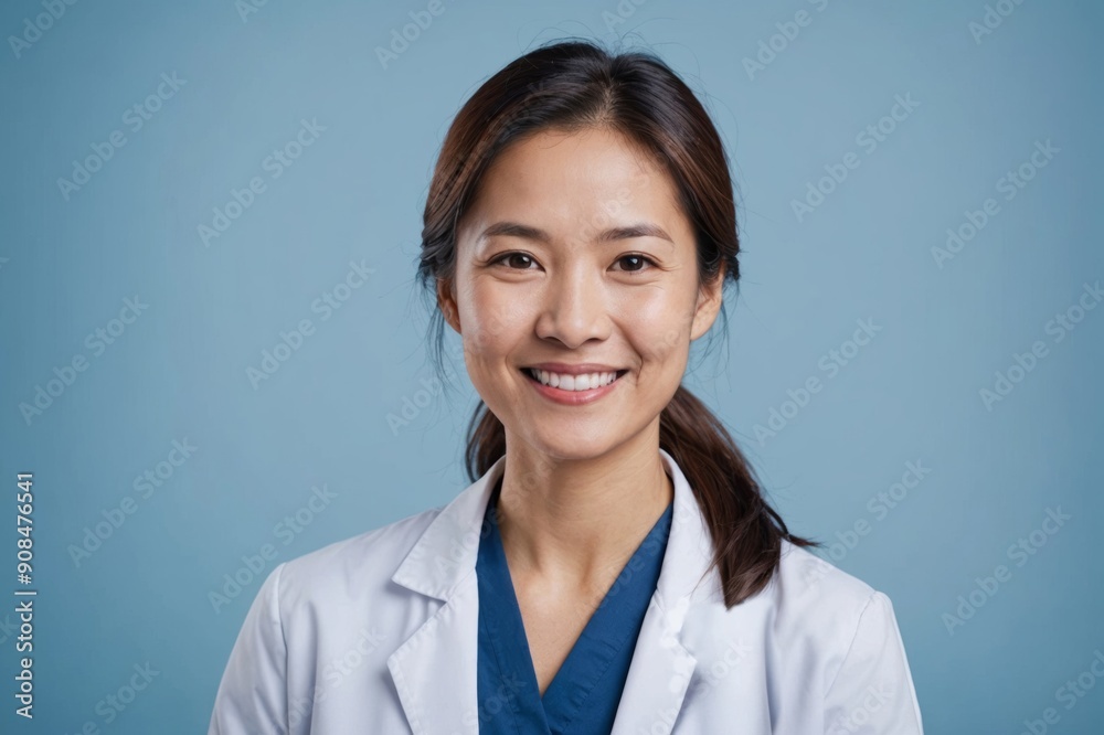 Smiling asian woman physician in a white coat over blue background Smiling asian woman physician in a white coat over blue background