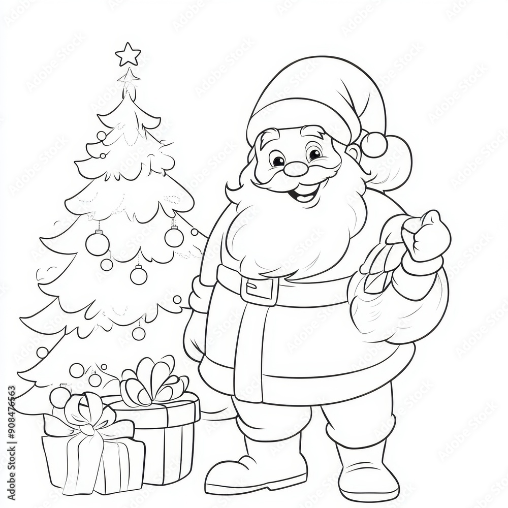 Santa with gifts, coloring book outlines. Santa Claus coloring book sketch. Santa Claus line art. Santa with gifts, coloring book outlines. Santa Claus coloring book sketch. Santa Claus line art.