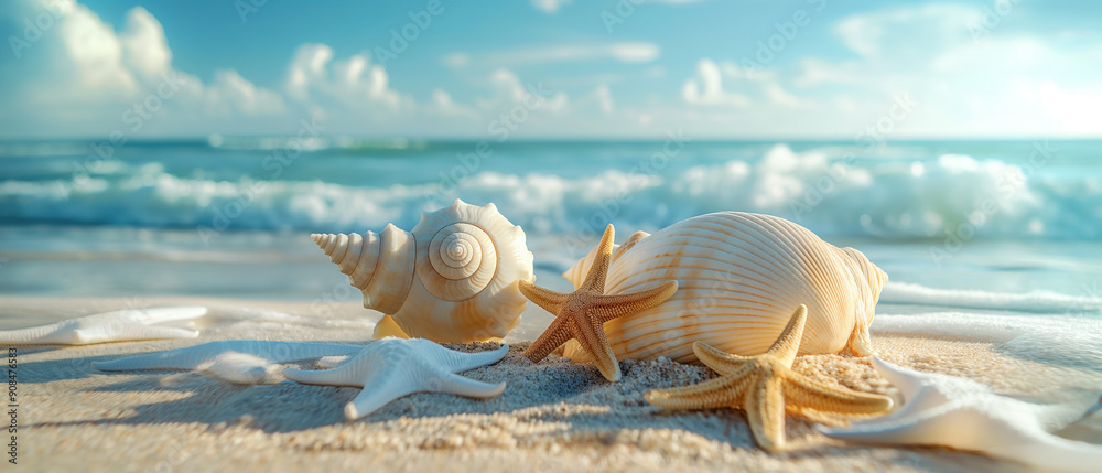 there are two shells and starfishs on the beach near the ocean Stock ...