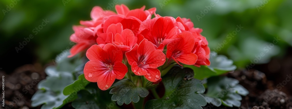 A red flower, focused closely, against a backdrop of green leaves Dirt visible in the foreground A red flower, focused closely, against a backdrop of green leaves Dirt visible in the foreground