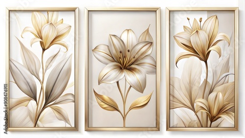 Set of three vertical poster, abstract   smokey  lily floral shape art panels