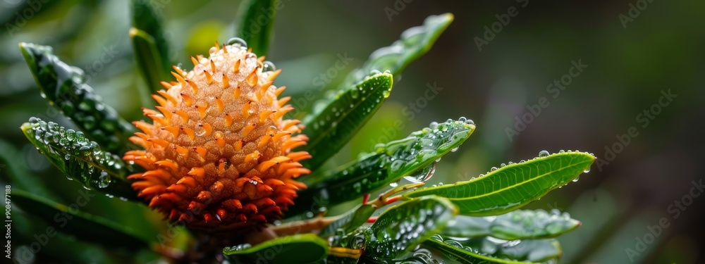 A tight shot of a flower with dewdrops on its petals against a backdrop of lush, green leaves A tight shot of a flower with dewdrops on its petals against a backdrop of lush, green leaves
