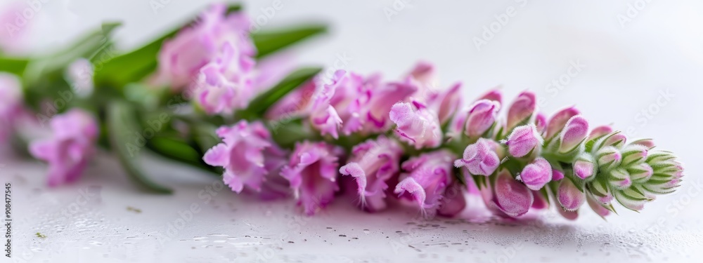 A collection of pink flowers atop a pristine white countertop, adorned with water droplets on their petals A collection of pink flowers atop a pristine white countertop, adorned with water droplets on their petals