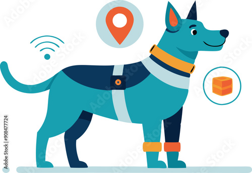 A cheerful dog stands with tracking devices, showcasing modern pet technology in a playful design.
