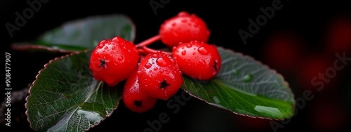  Abranch laden with red berries, adorned by green leaves and speckled with water droplets photo