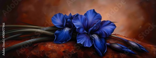  A painting of two blue flowers atop a red canvas, portraying an artwork's likeness photo