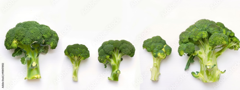 A line of broccoli heads arranged on a white surface, with one head positioned in the center A line of broccoli heads arranged on a white surface, with one head positioned in the center