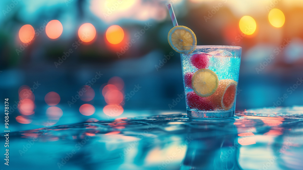 A glass of fruit punch is sitting on a table by a pool