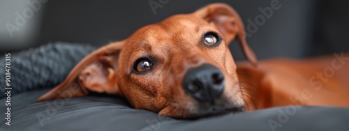  A tight shot of a dog reclining on a couch, its head atop the cushion's back