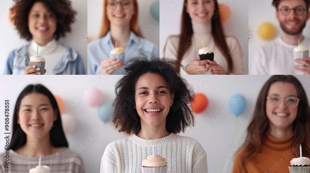 Celebrating Together Virtually: Friends Enjoying a Modern Virtual Birthday Party with Cupcakes and Drinks on Video Call