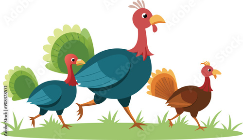 Three vibrant cartoon turkeys stroll across a grassy area under a clear blue sky.