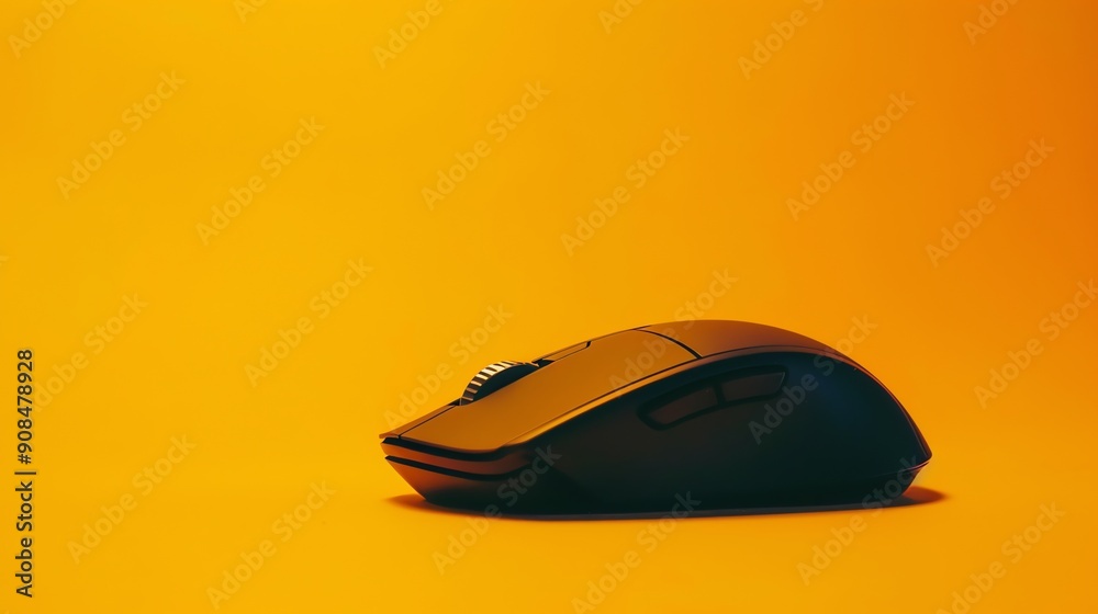 A black computer mouse on a yellow background.