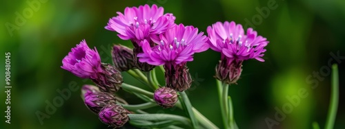  A lush green field of leaves hosts a vibrant collection of purple flowers before a hazy, green backdrop