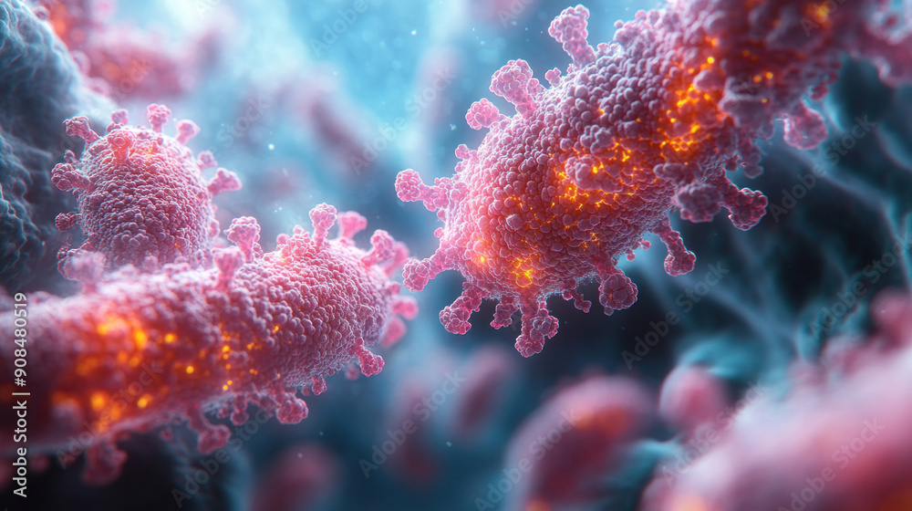 A close-up view of lung cancer cells proliferating within the lung tissue. A close-up view of lung cancer cells proliferating within the lung tissue.