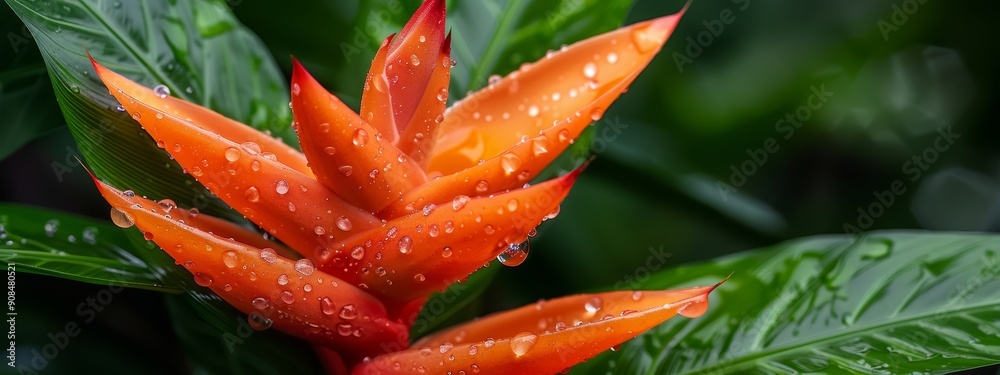 A tight shot of an orange blossom, adorned with dewdrops on its petals, set against a verdant backdrop of foliage A tight shot of an orange blossom, adorned with dewdrops on its petals, set against a verdant backdrop of foliage