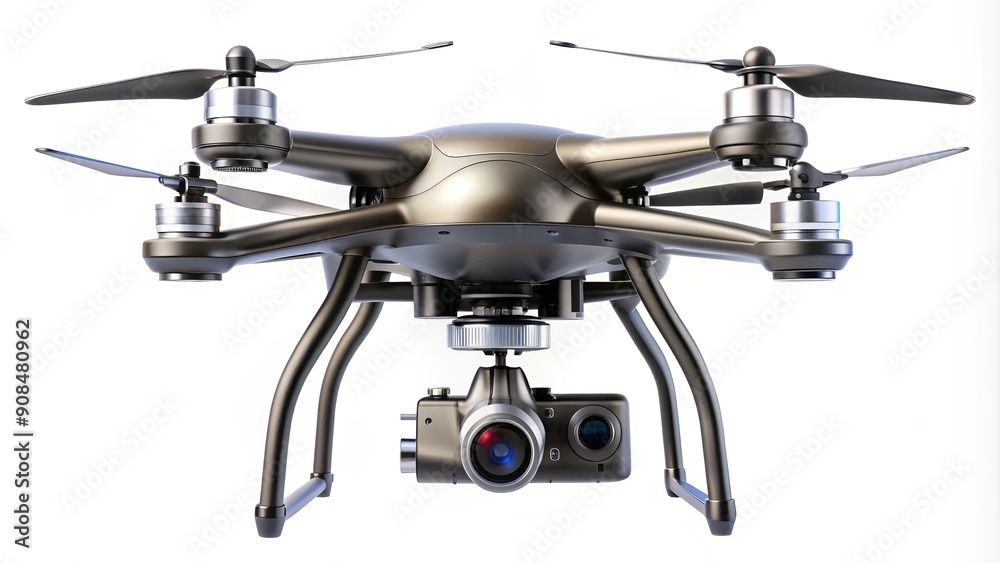 Sleek and modern aerial drone with propellers and cameras, isolated on a clean white background, showcasing advanced technology and precision engineering. Sleek and modern aerial drone with propellers and cameras, isolated on a clean white background, showcasing advanced technology and precision engineering.