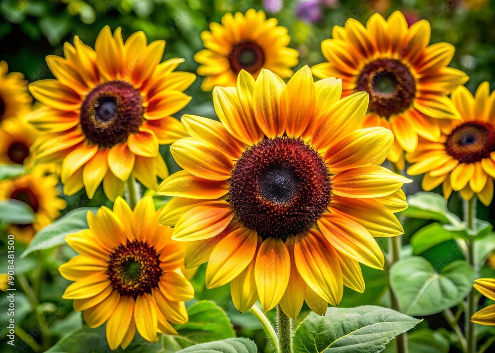 Vibrant sunflowers with bright yellow petals and dark brown centers bloom amidst lush green foliage, creating a stunning contrast in this serene garden scene. Vibrant sunflowers with bright yellow petals and dark brown centers bloom amidst lush green foliage, creating a stunning contrast in this serene garden scene.