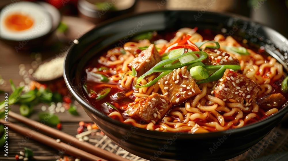 A delicious bowl of spicy noodles topped with herbs and sesame, perfect for food lovers and culinary enthusiasts. A delicious bowl of spicy noodles topped with herbs and sesame, perfect for food lovers and culinary enthusiasts.