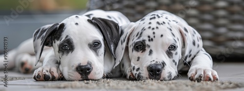  Two Dalmatian puppies, one black and one white, rest side by side on a rug before a couch