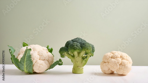 Two Cauliflowers and One Broccoli on a White Table photo