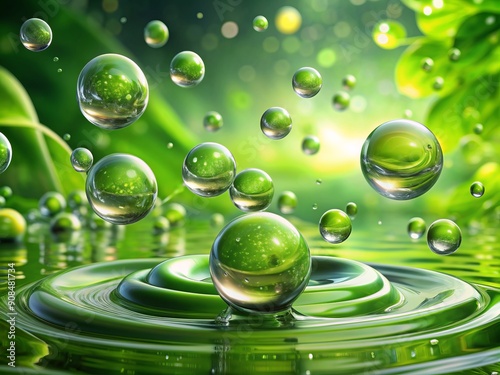 Vibrant green background splashed with scattered water droplets of varying sizes, conveying dynamic movement and energy through their playful, organic arrangement. photo
