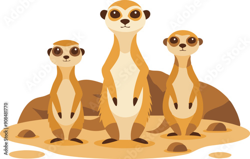 Three meerkats stand alert on a sandy mound in a warm desert, showcasing their playful and social nature.