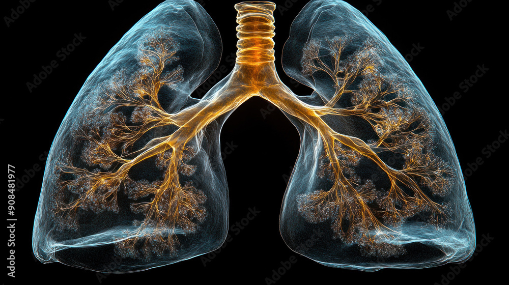 A cross-sectional view of lungs with unblocked, clear airways indicating good health.