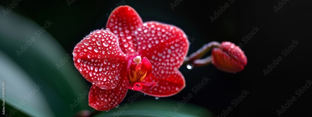 A red flower with dewdrops and a nearby green leaf A red flower with dewdrops and a nearby green leaf
