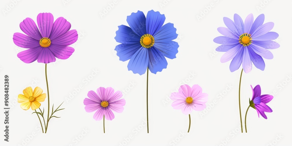 Fototapeta premium Collection of 2D and 3D Vector Flat Abstract Minimalistic Art of Flowers and Meadow Isolated on a White Background