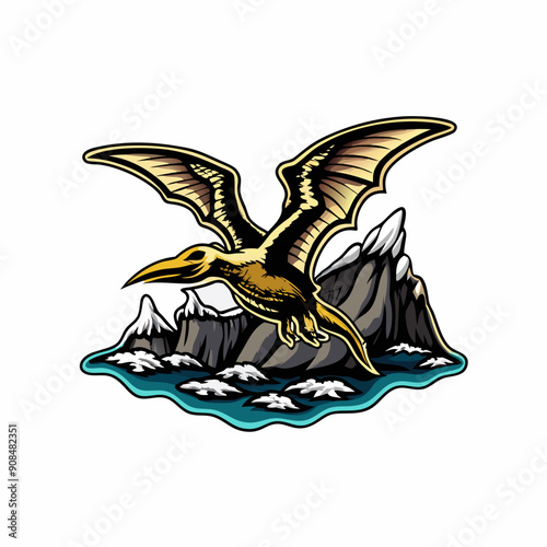 A dynamic illustration of a pterodactyl flying high in the air, showcasing its powerful wings and sharp claws.