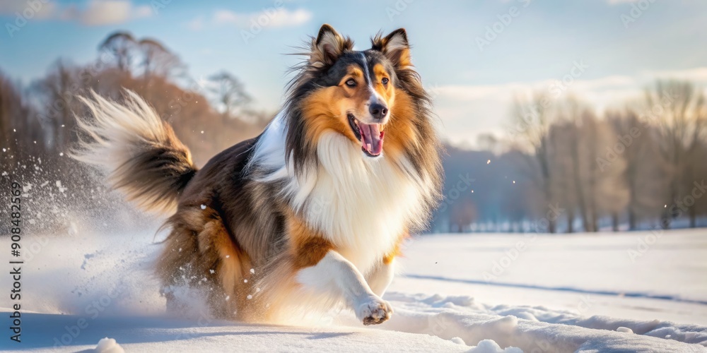 Energetic tricolor Rough Collie runs freely in a snowy park on a winter day, exhibiting joyful playfulness and speed, surrounded by pristine white landscape. Energetic tricolor Rough Collie runs freely in a snowy park on a winter day, exhibiting joyful playfulness and speed, surrounded by pristine white landscape.
