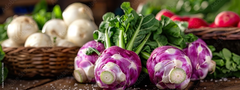 A tight shot of assorted vegetables on a table, with an onion basket and further vegetable arrangements in the backdrop A tight shot of assorted vegetables on a table, with an onion basket and further vegetable arrangements in the backdrop