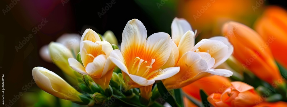 A tight shot of blooms in a vase, featuring oranges and whites against black backdrop A tight shot of blooms in a vase, featuring oranges and whites against black backdrop