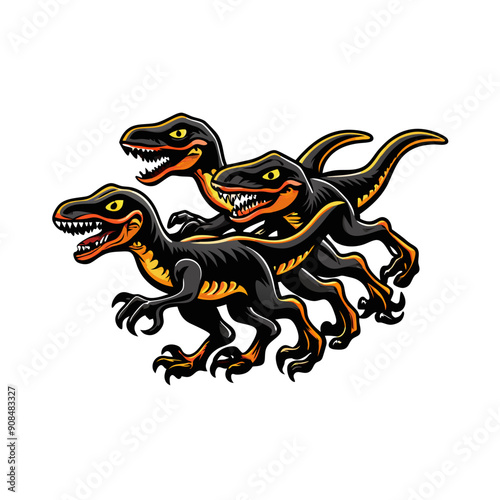 A group of velociraptors in action demonstrating (10) hunting techniques.
