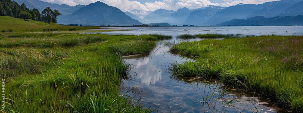 A river runs through two lush, green fields Tall grass borders each field Mountains loom in the background A river runs through two lush, green fields Tall grass borders each field Mountains loom in the background