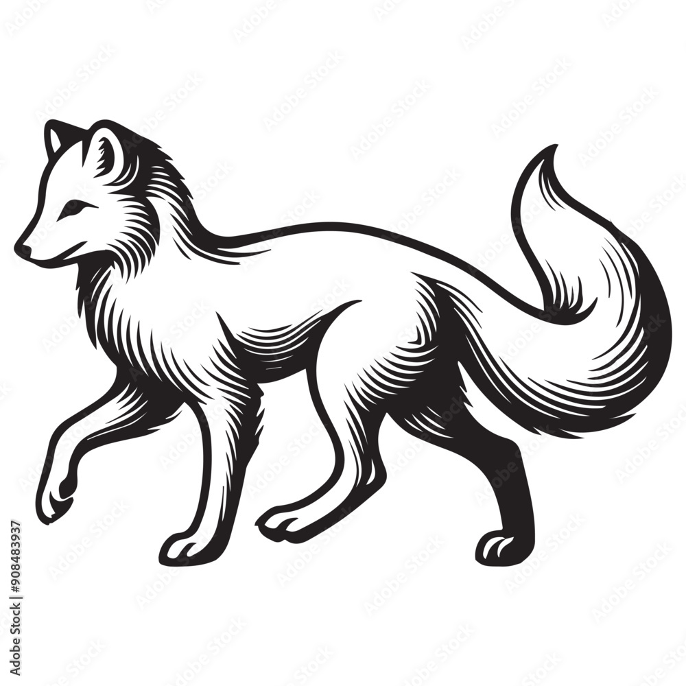 Fox Clipart, White Fox Outline Design, A Walking arctic fox