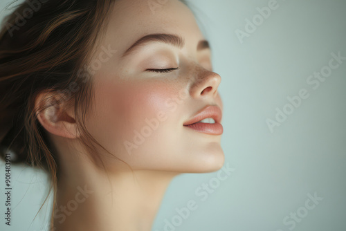 A close up of a girl's face with her eyes closed